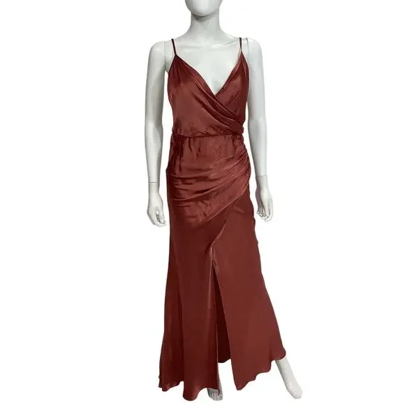 Shona Joy Satin Terracotta La Lune Cross Draped Maxi Dress Size 6 US